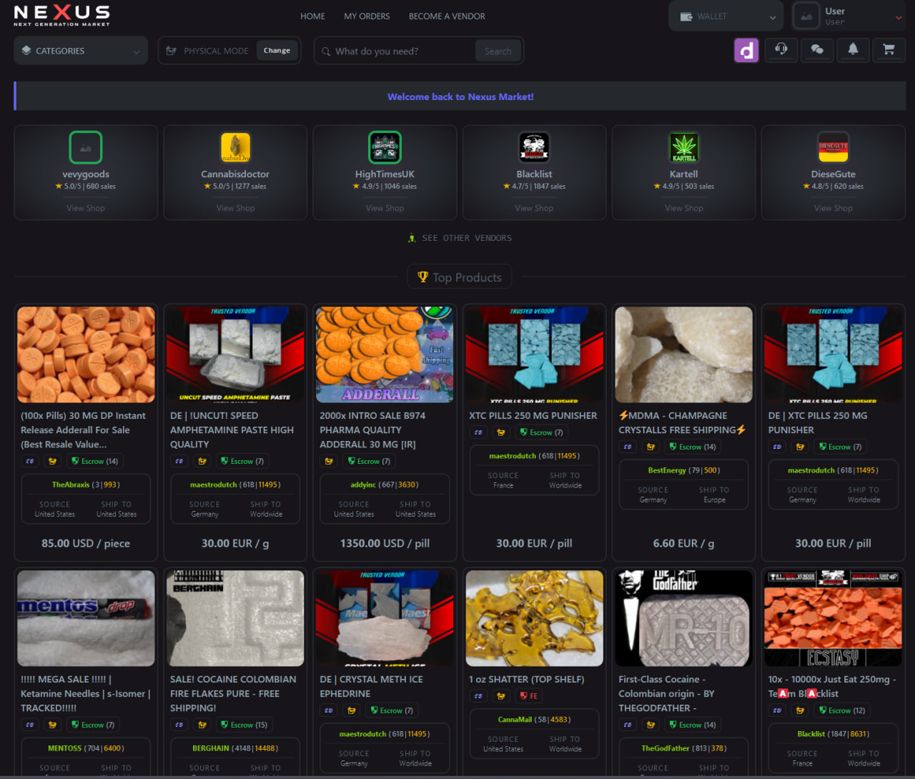Nexus Market darknet dashboard with secure vendor listings and Nexus Onion access